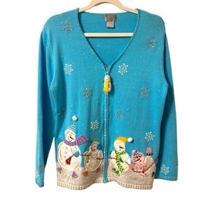 Berek Vintage Ugly Christmas Sweater Skating Snowman Party Cardigan Womens M